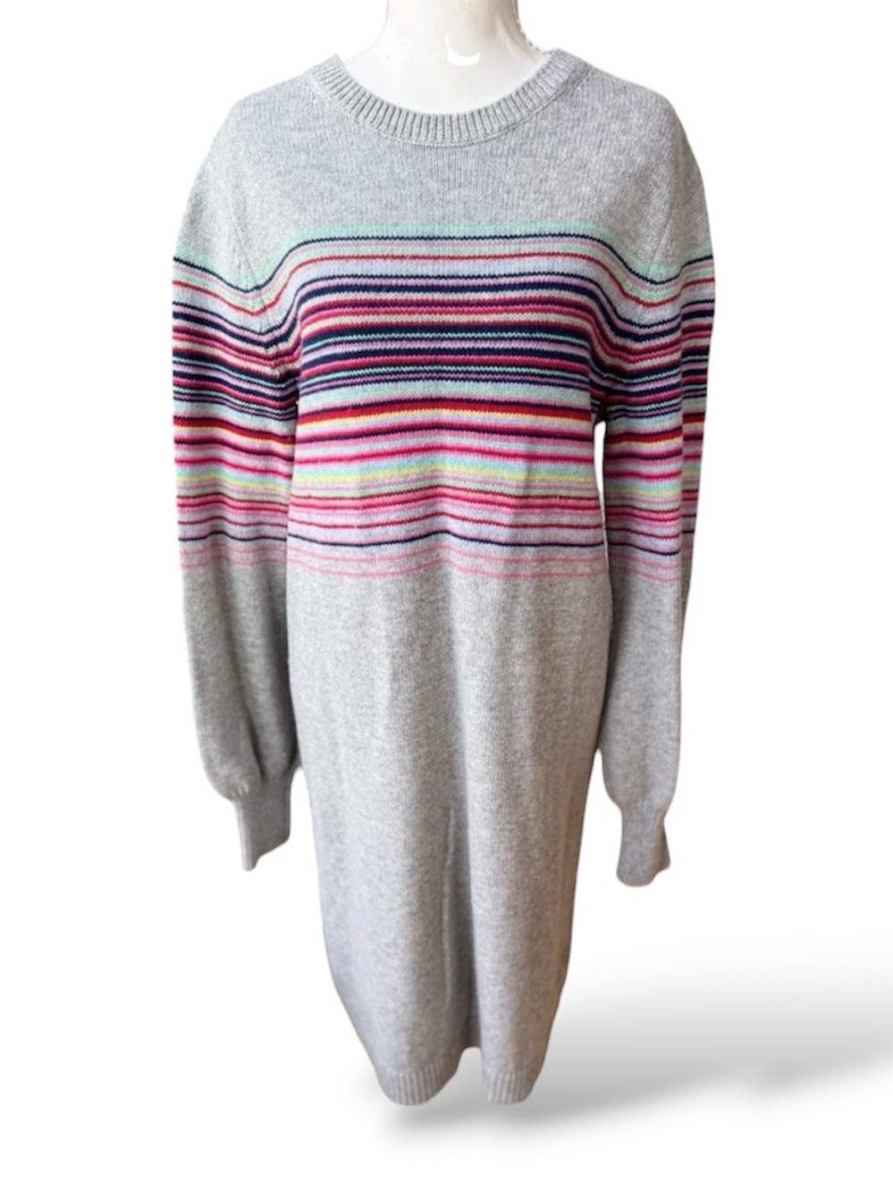 GAP Light Gray Crewneck Merino Wool Sweater Dress Multicolor Stripes Large Tall